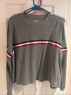 Hollister Gray Waffle Knit Pullover with Navy, White & Red Stripes